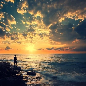 Man Watching Sunset Over the Ocean