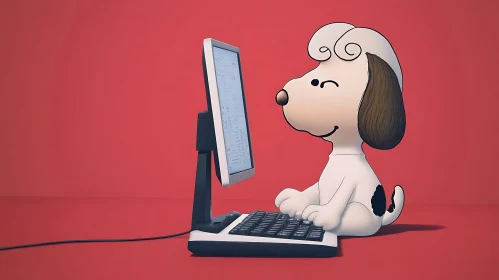 Cartoon Dog Working on Computer