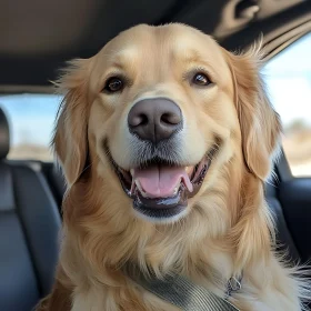 Happy Golden Retriever in a Car