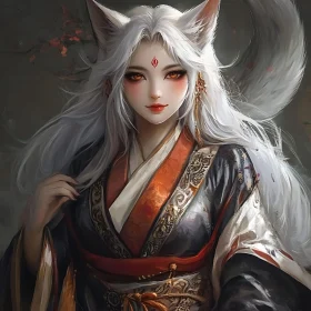 Mystical Fox Girl Illustration in Traditional Attire