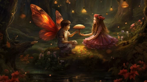 Fairy Boy and Girl in Forest: A Whimsical Night Scene