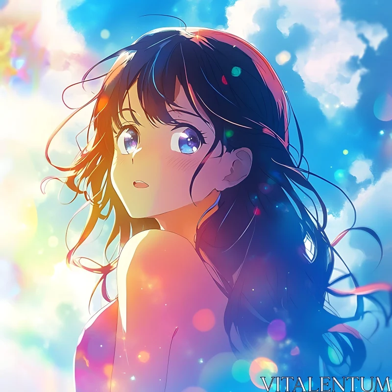 Anime Girl with Sparkling Eyes Under a Dreamy Sky AI Image