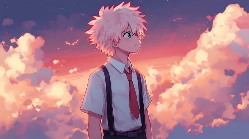 Anime Boy with Sunset Clouds