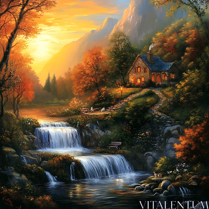 AI ART Scenic Waterfall and Cozy Cottage