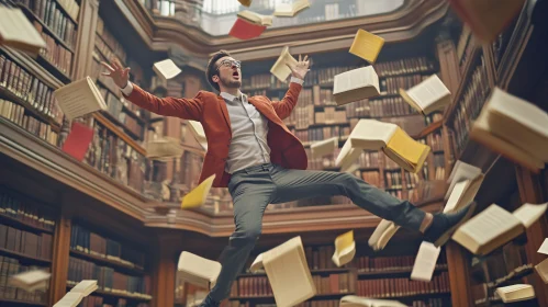 Library Man Surrounded by Flying Books