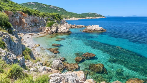 Coastal Paradise: Turquoise Sea and Rocky Shore