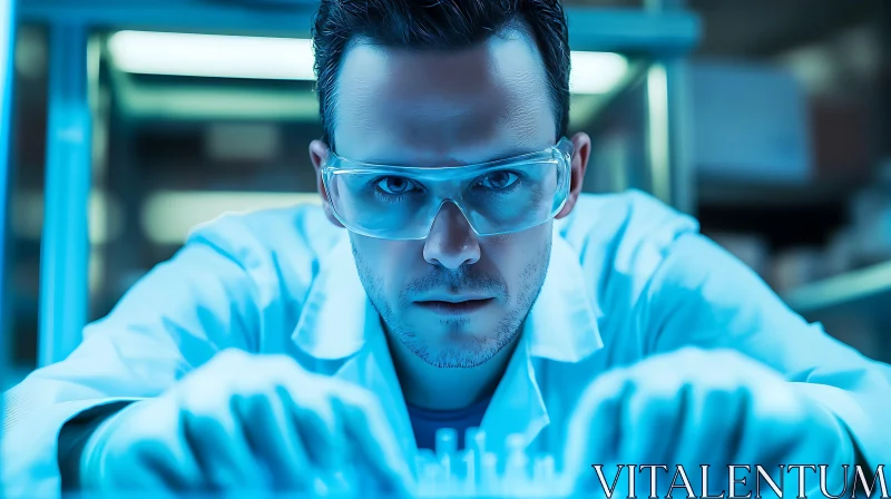 Man in Lab Coat Examining Test Tubes AI Image