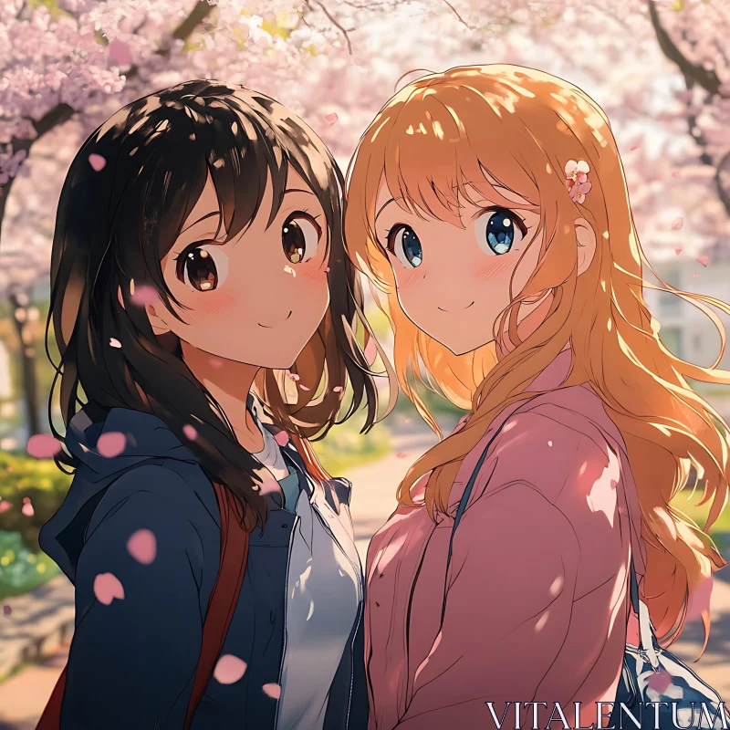 Anime Girls in Cherry Blossom Park AI Image