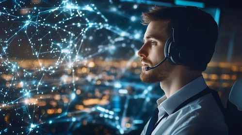 Man with Headset: Digital Network View