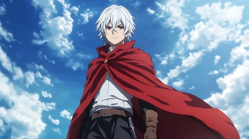 Anime White-Haired Hero in Red Cape