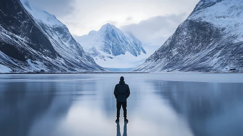 Man Contemplates Snowy Mountain Landscape