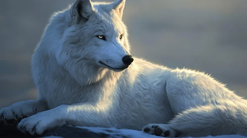 Arctic Wolf Resting on Snowy Ground