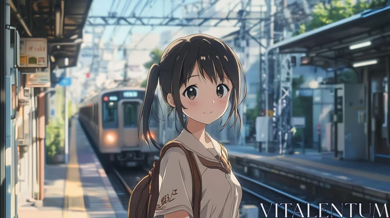 Illustration of an Anime Girl Waiting at a Platform AI Image