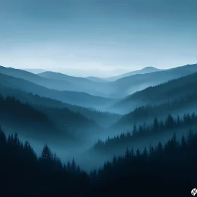 Layered Mountain Ridges in a Misty Forest Setting