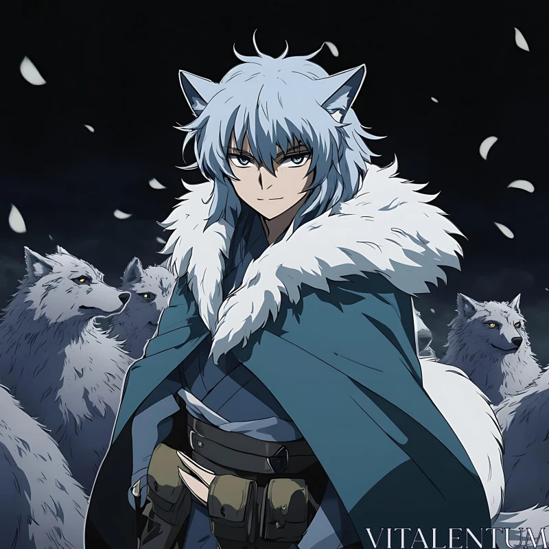 Mystical Night with Anime Wolf Character and Pack AI Image