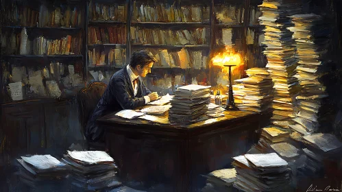 Man Studying in Library Oil Painting