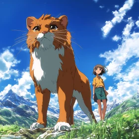 Surreal Anime Scene with Gigantic Cat