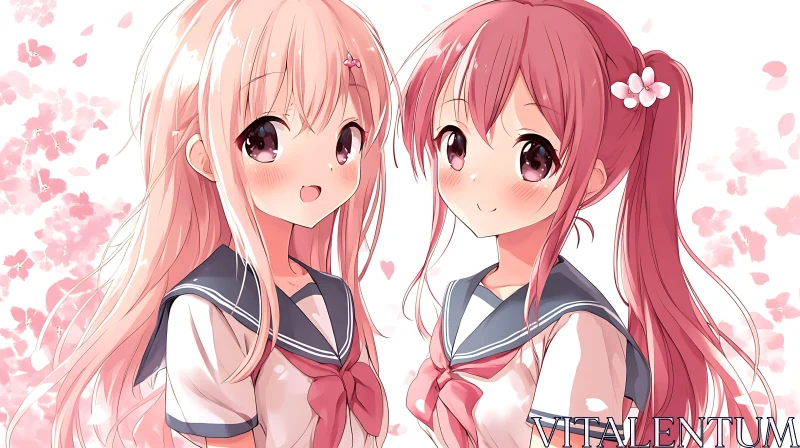 Adorable Anime Girls with Cherry Blossom Petals AI Image