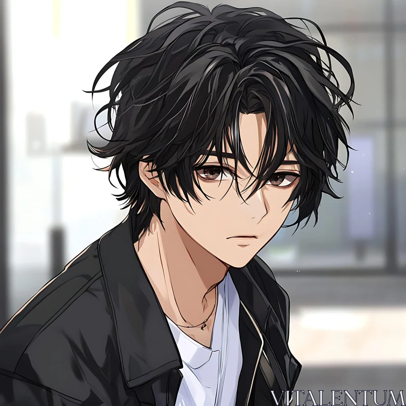 Thoughtful Anime Boy with Black Jacket AI Image