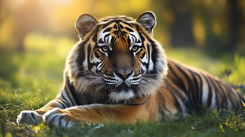 Resting Tiger in a Sunlit Field
