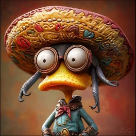 Funny Duck in Mexican Hat and Steampunk Glasses