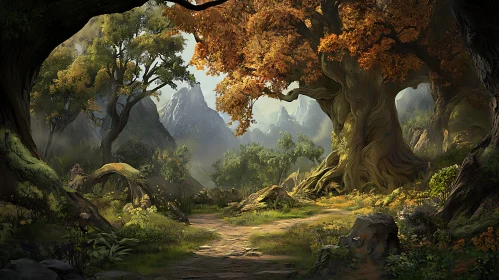 Serene Forest with Sunlit Path and Mountain Backdrop