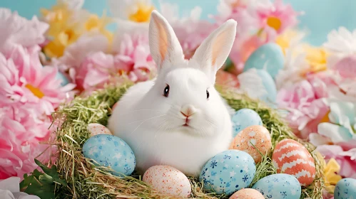 White Bunny with Easter Eggs and Flowers