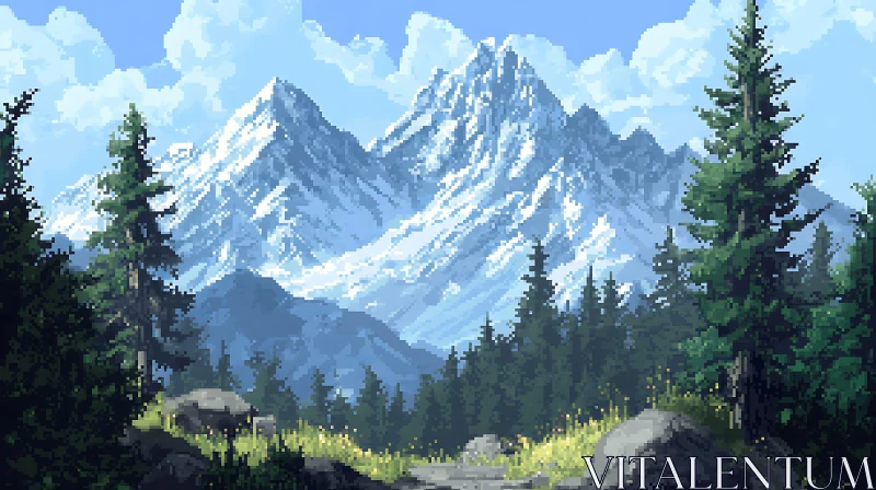 Snowy Mountain Peaks Pixel Art AI Image