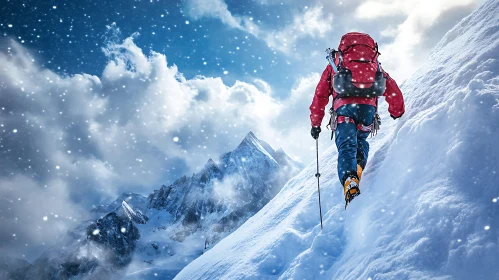 Winter Ascent: Mountaineer in Snowy Landscape