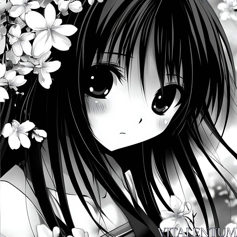 AI ART Expressive Manga Girl Among Blossoms - Monochrome Art