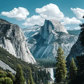 Serene Mountain Range with Waterfall