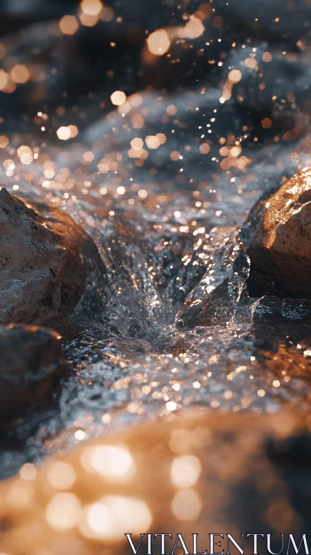 AI ART Sparkling Sunlit Water Over Rocks