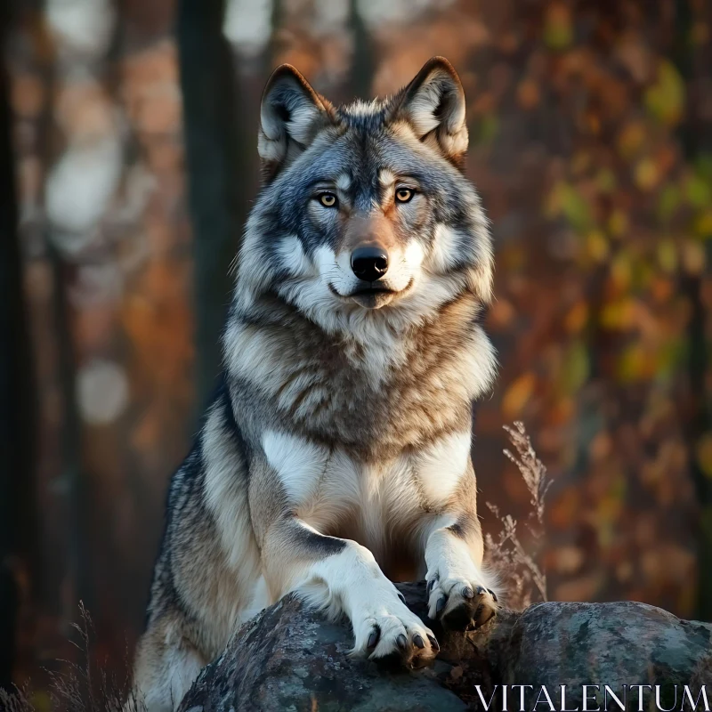 Wolf on Rocks in Autumn Forest AI Image