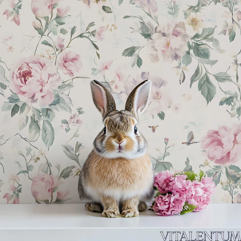 Rabbit Portrait with Floral Design AI Image