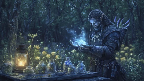 Mystical Elf Conjuring Magic in Woodland