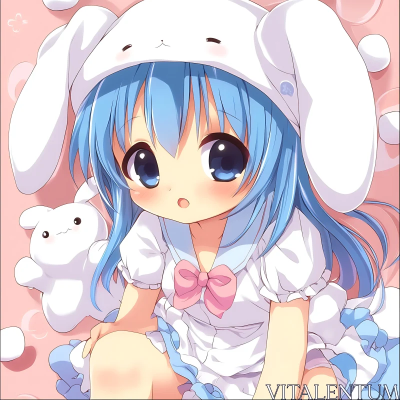 Adorable Blue-Haired Anime Girl with Bunny Hat AI Image