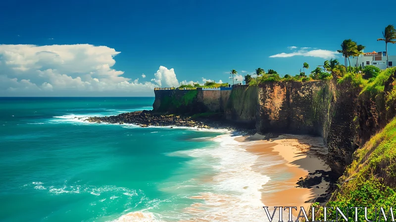 AI ART Scenic Tropical Beach with Cliffs and Ocean