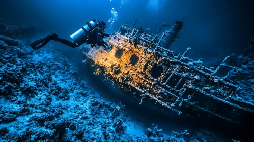 Underwater Shipwreck Exploration with Diver