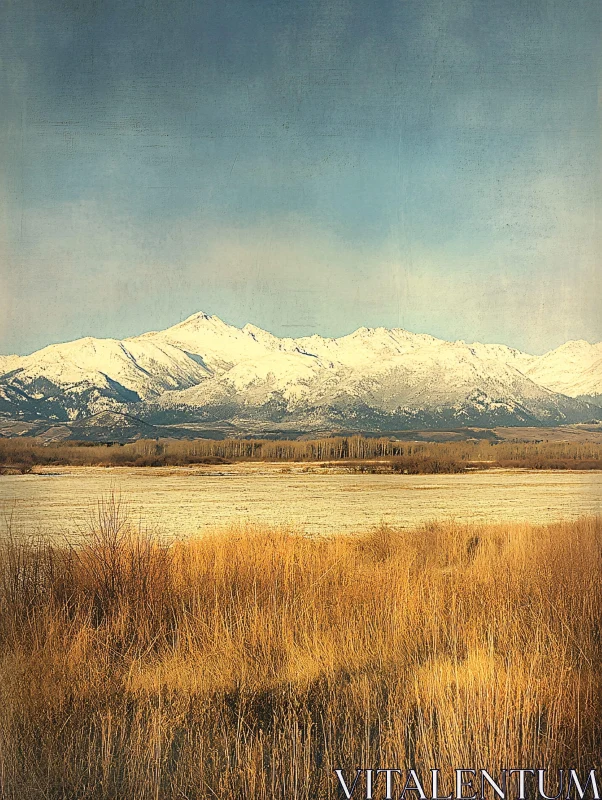 Winter Mountain Landscape with Golden Field AI Image