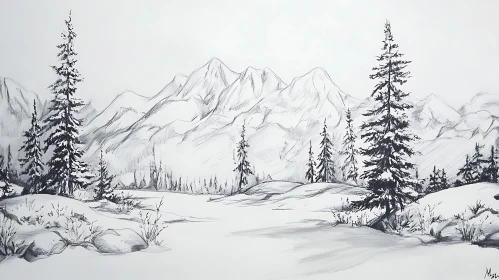 Monochrome Mountain Winter Scene Art