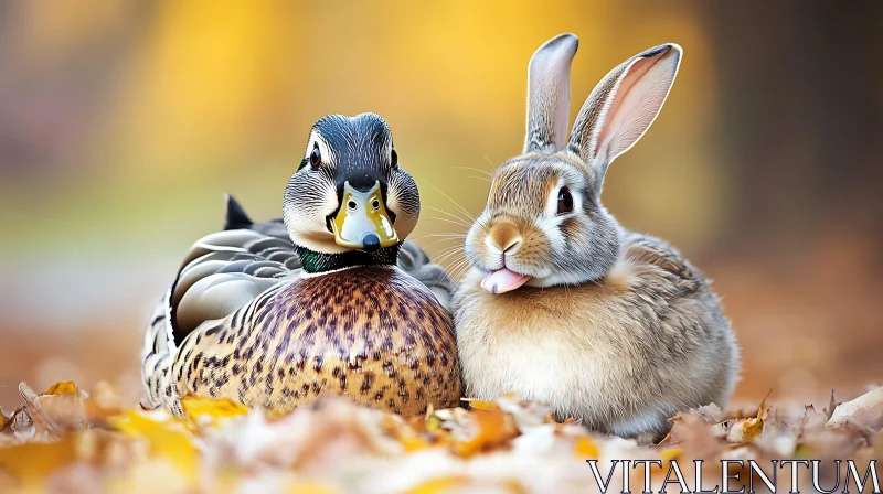 Autumnal Harmony: Duck and Rabbit Portrait AI Image