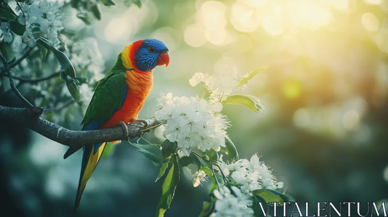 AI ART Colorful Parrot with Blossoms