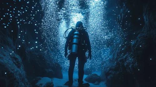 Diver in a Glowing Cave