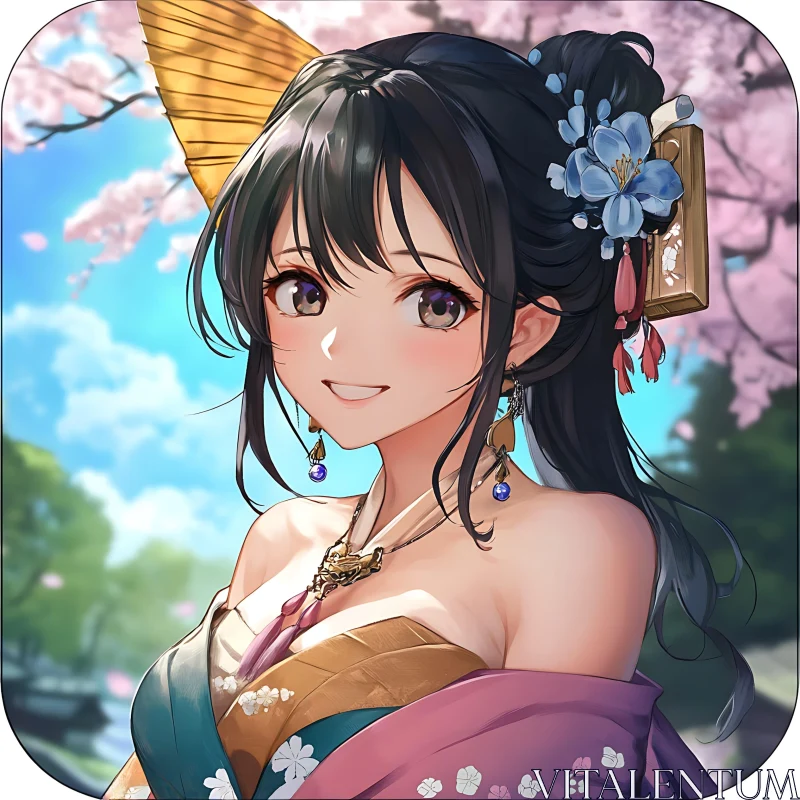 AI ART Anime Girl with Floral Kimono and Scenic Background