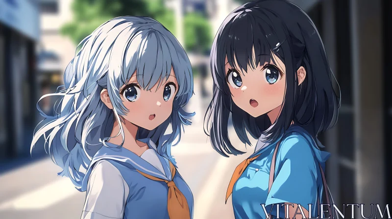 Anime Schoolgirls with Blue and Black Hair AI Image