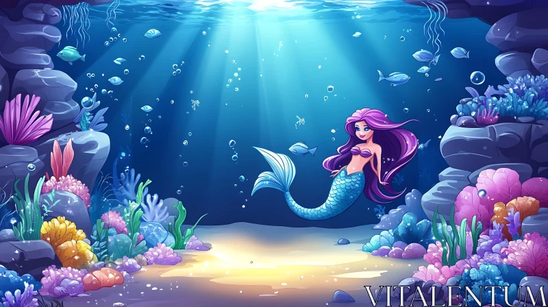 AI ART Cartoon Mermaid Swimming Underwater