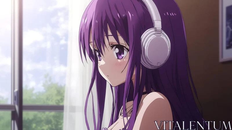 AI ART Purple Haired Anime Girl Listening to Music