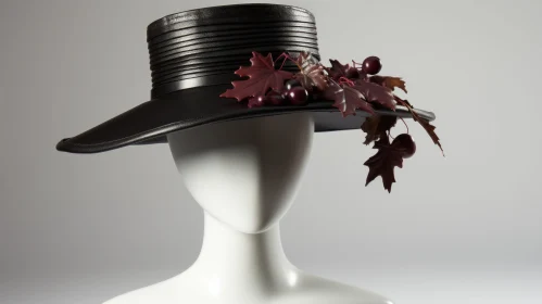 Elegant Mannequin Model with Leaf-Adorned Hat | Dark Maroon and Black