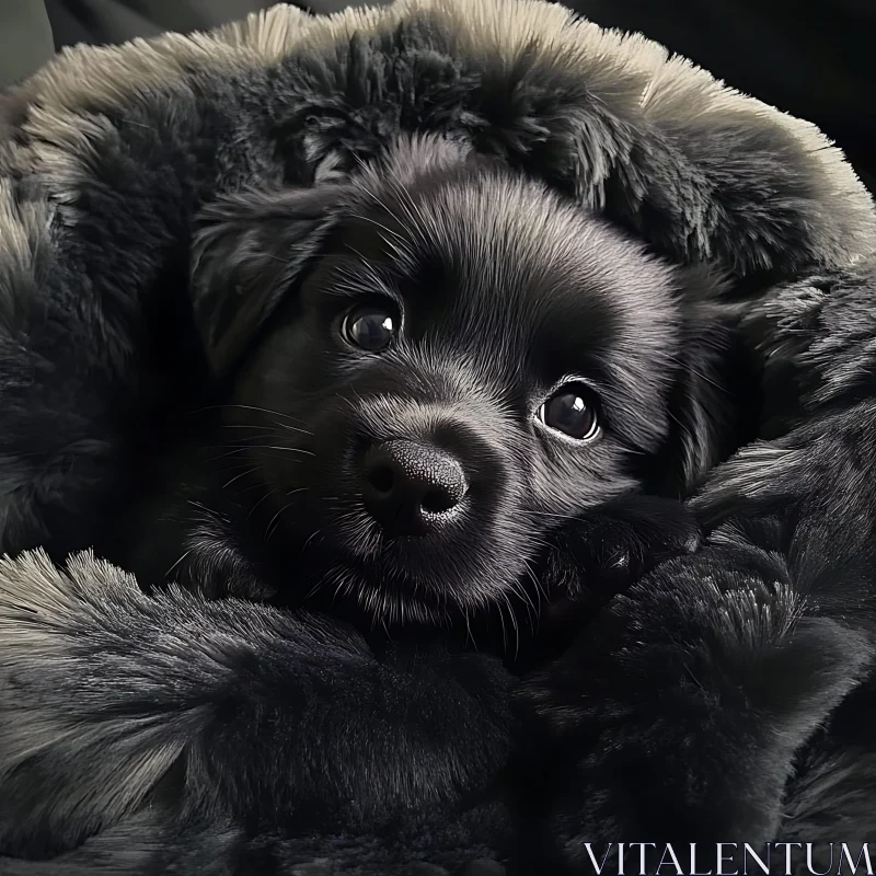 Cute Black Puppy in Soft Blanket AI Image