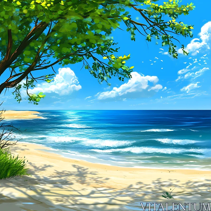 AI ART Seascape with Tree and Sandy Beach